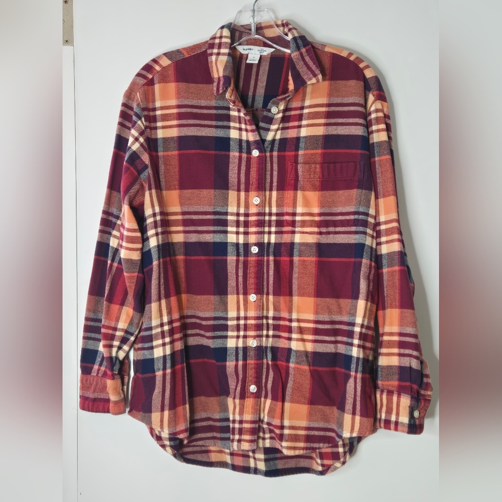 Old Navy Women's Plaid Button-Down Shirt - Red, Orange, Cream